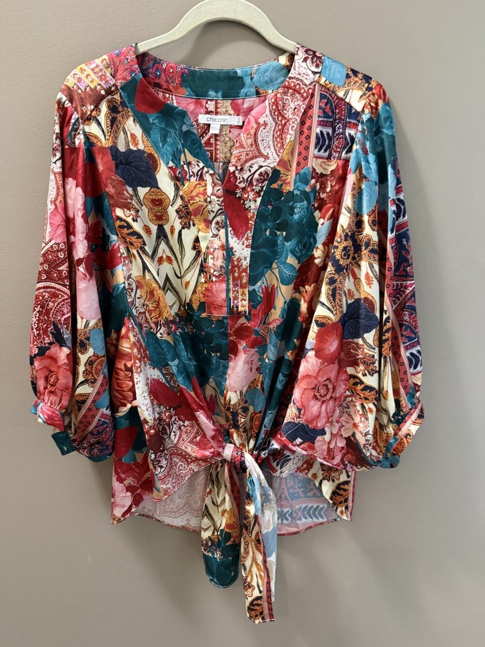 Chico's Women's Patchwork Blouse Tie Front Size 2 (Size 12/L) Boho Western